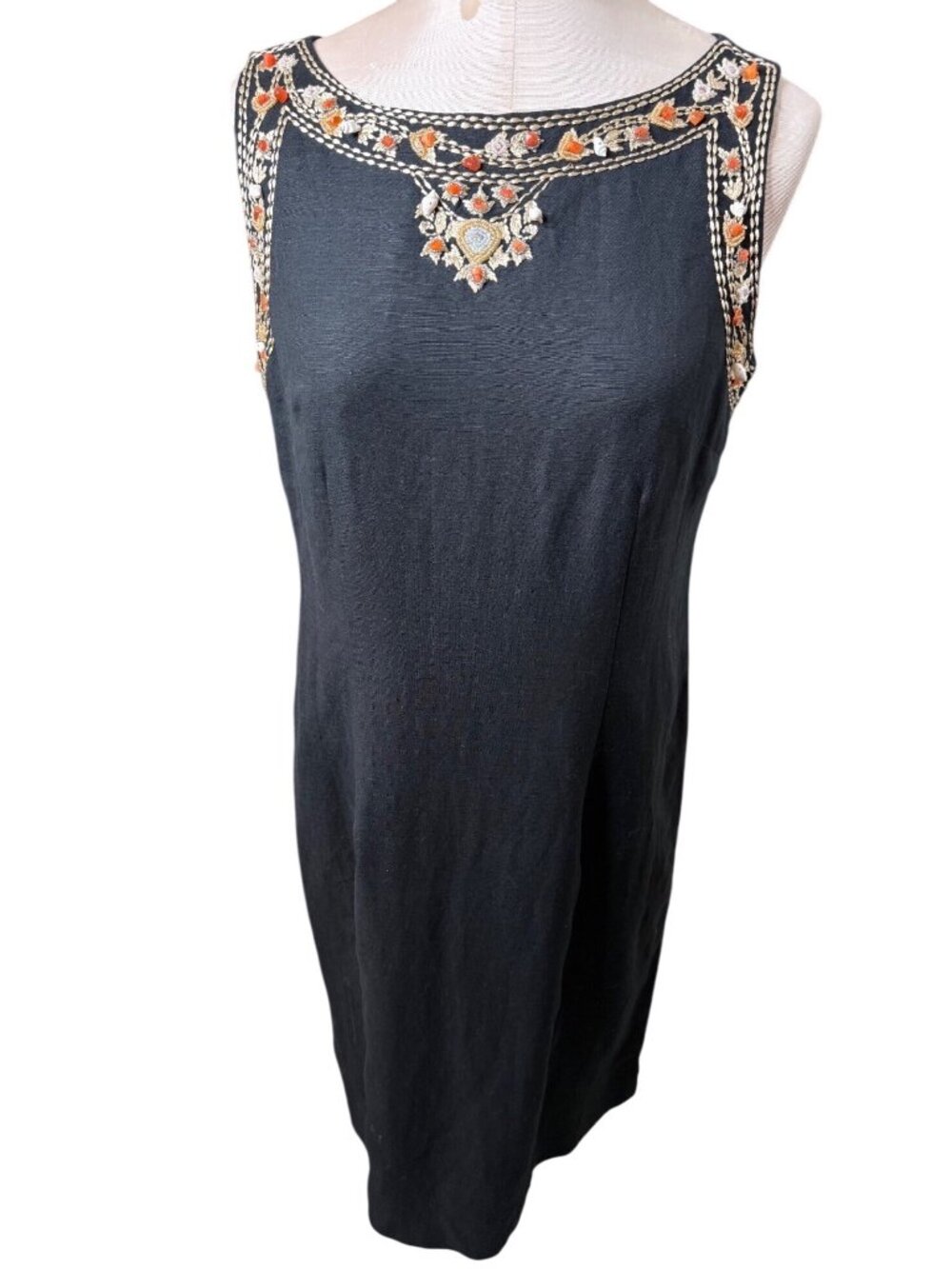 Vintage Jessica Howard Linen Blend Sleeveless Sheath Dress Embroidered Resort Lg